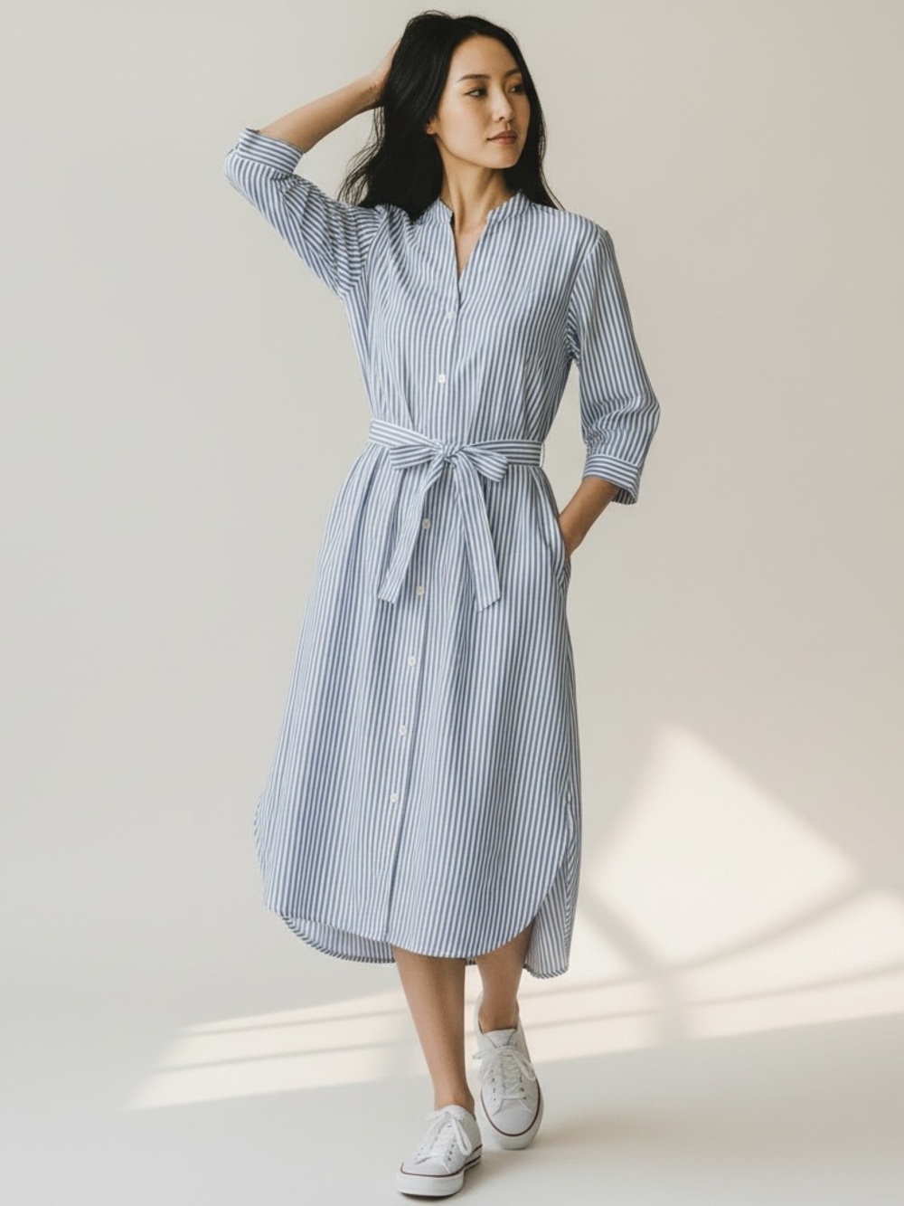 Women's Blue Stripe Shirt Dress with Waist Tie